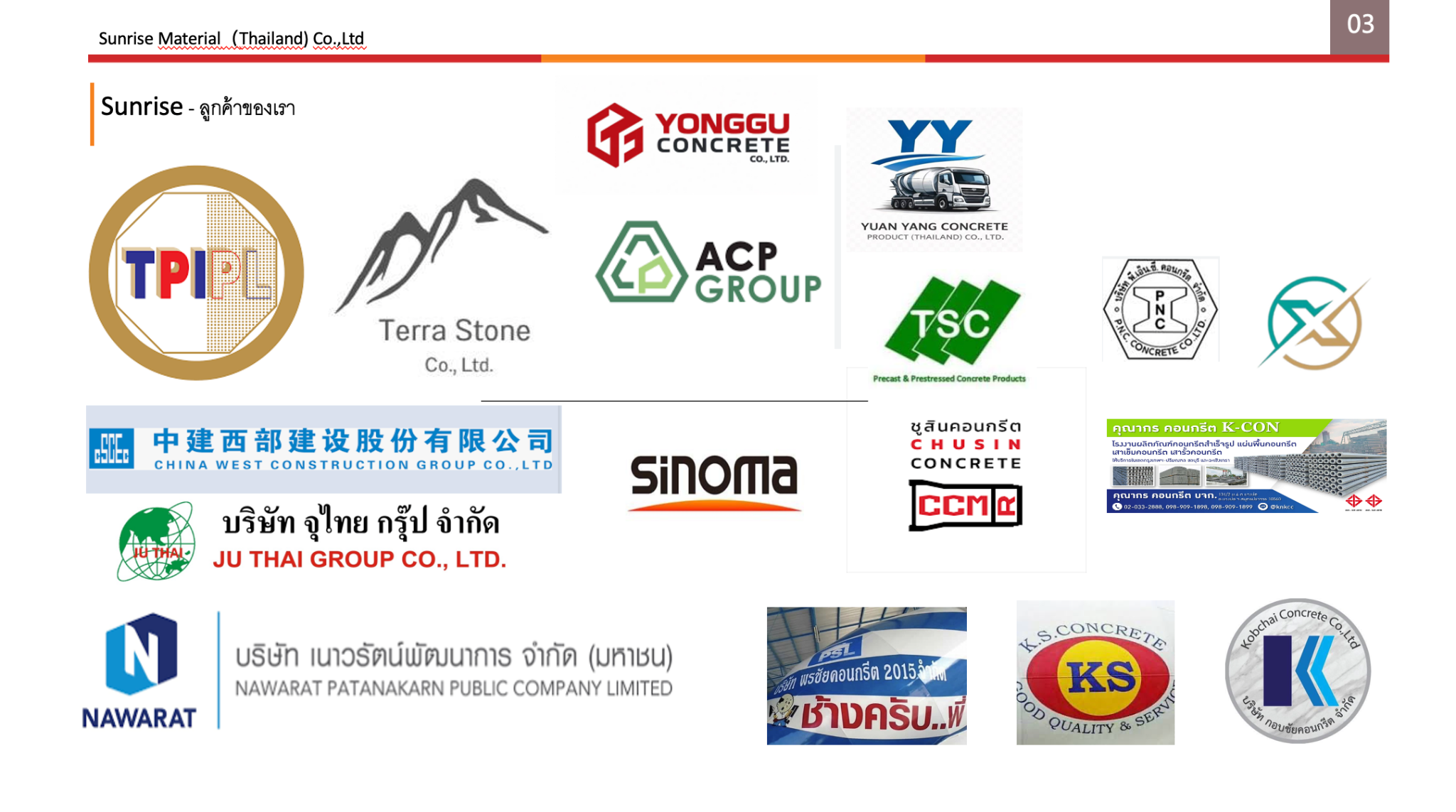 Company brochure page showing customer logos in Thailand, including YONGGU Concrete, ACP Group, TSC, China West Construction Group, Sinoma and others